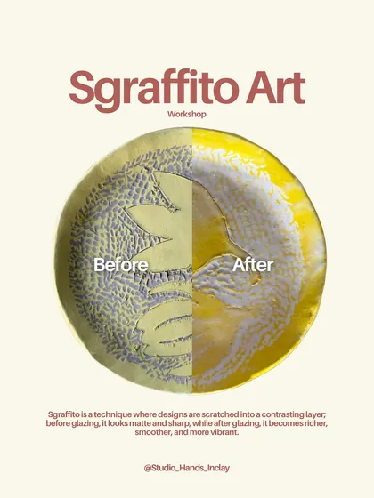 Another beautiful before and after transformation of a Sgraffito plate, showing how the firing process completes the artwork.