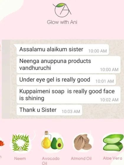 So glad to know the products arrived safely and are already working well. My Kuppaimeni Soap is great for a shining face, and the Under Eye Gel is a customer favorite.