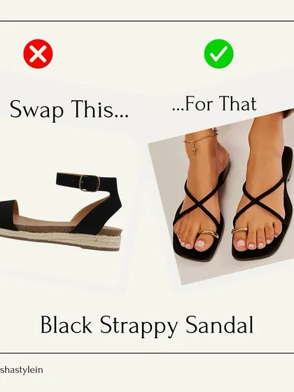 A quick footwear swap: instead of a clunky, thick-strapped black sandal, opt for a more delicate, strappy flat with a modern design. It's a small change that makes your look more current.