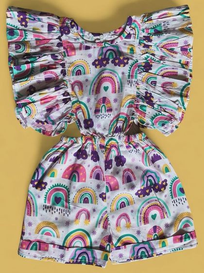 Sprinkle some magic into your little one’s wardrobe with this vibrant rainbow print romper! With flutter sleeves and a comfy fit, it's designed for ultimate comfort and cuteness.