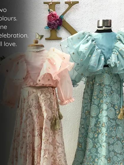 Two colors, one celebration, all love. We love creating sister sets in different shades, like these stunning lehengas, so each girl gets to shine in her favorite color.