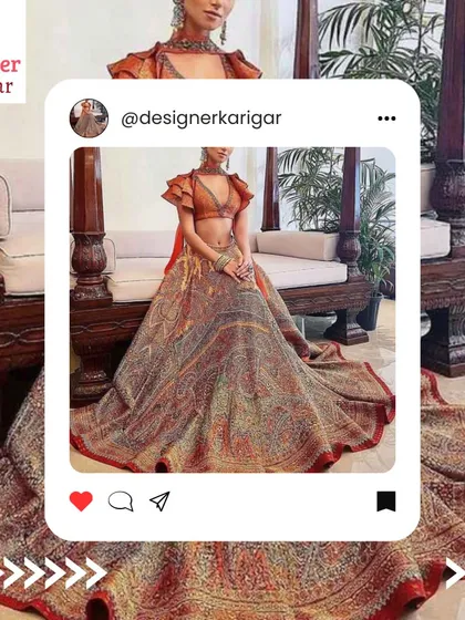 This unique printed lehenga with a ruffled-sleeve blouse is a great example of our modern take on bridal fashion. We can customize this design to suit your style.
