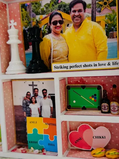 "Striking perfect shots in love & life." This section of the frame celebrates their shared love for snooker, complete with miniature pool cues and balls.