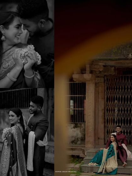 A collection of moments from a Thanjavur pre-wedding shoot, showcasing both intimate black and white portraits and grand architectural shots.