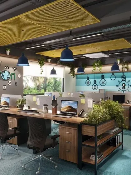 For the Lepton office, I created a vibrant, open-plan workspace designed to inspire collaboration and creativity. The design uses bold colors, branded wall graphics, and integrated greenery to build an energetic atmosphere that reflects the company's innovative spirit.