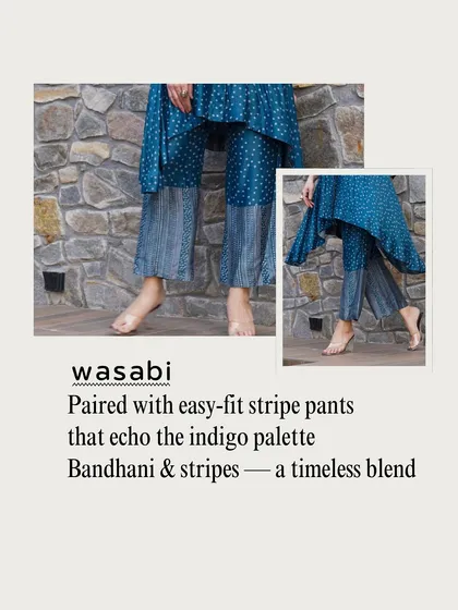 The details make the design. For the Spring Swing set, I paired the bandhani top with easy-fit stripe pants that echo the indigo palette. It’s a timeless blend of two classic patterns.
