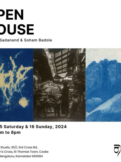 A poster for our Open House, featuring a triptych of alternative photographic works. The images showcase the diverse styles of our resident artists, from abstract botanical cyanotypes to evocative black and white film photography.