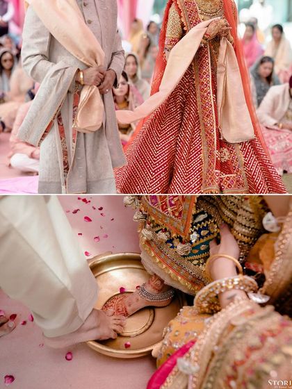 A detail shot focusing on the traditional rituals, showing the tying of the knot and the washing of feet.