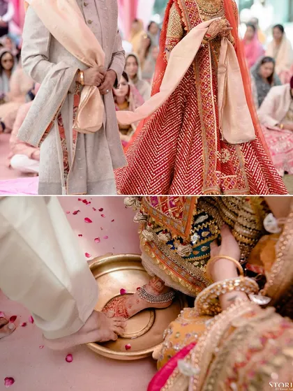 A detail shot focusing on the traditional rituals, showing the tying of the knot and the washing of feet.