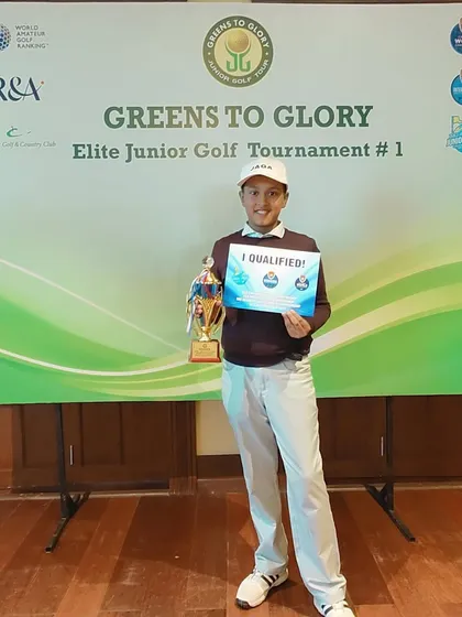 Siddhant Sharma after winning his age category and qualifying for the prestigious FCG & IMG junior tournaments in the USA. He shot a flawless 65 (-7) on Day 1.