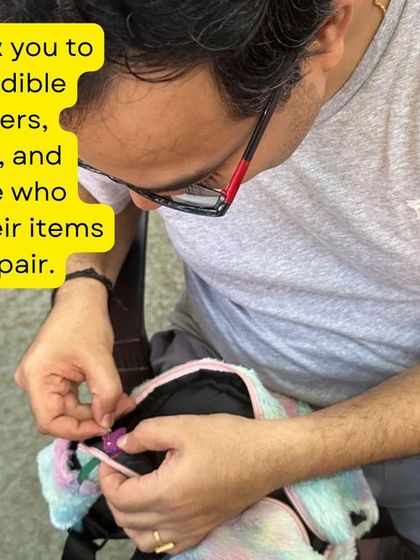 One of our mentors demonstrates how to repair a torn bag. Our workshops cover a wide range of fabric repairs, from simple stitches to fixing zippers and reinforcing straps.