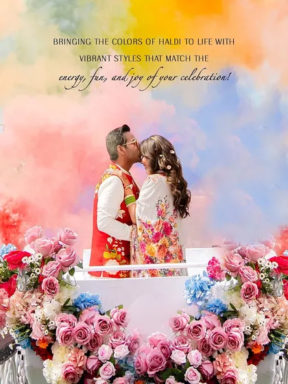 The Haldi ceremony is a celebration of joy and color. We styled this couple in coordinated floral outfits that were as vibrant and happy as the moment itself, creating a picture-perfect memory against a backdrop of flowers and colored smoke.