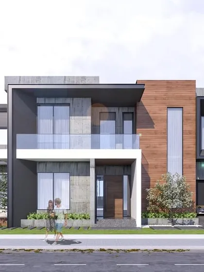 An alternative render for the Jindal Residence, exploring different options for the covered terrace and landscape integration.