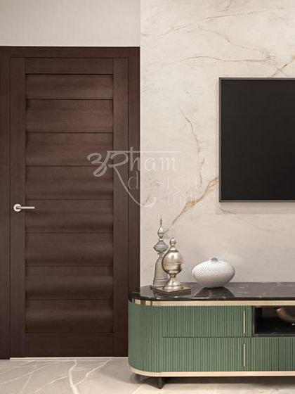 We believe every detail matters, including the doors. This dark wood door with horizontal grooves adds a touch of modern craftsmanship and complements the marble-clad wall and green TV console.