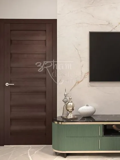 We believe every detail matters, including the doors. This dark wood door with horizontal grooves adds a touch of modern craftsmanship and complements the marble-clad wall and green TV console.