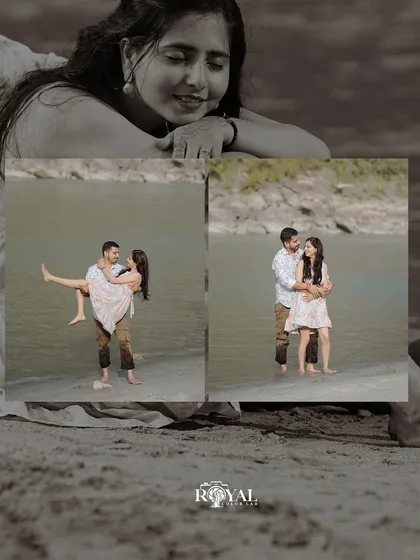 A creative edit showing a couple's playful moments on the beach, framed within a larger black and white portrait.