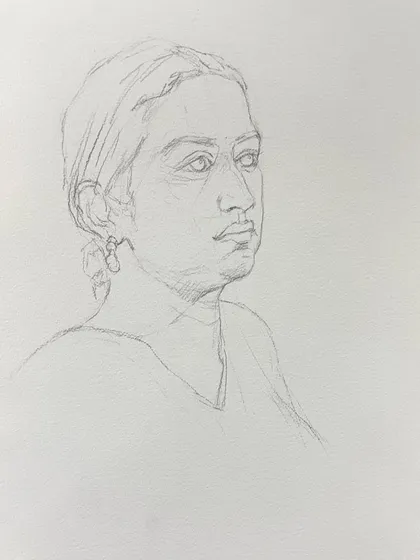 The preliminary pencil sketch for the portrait demonstration in Karnataka.