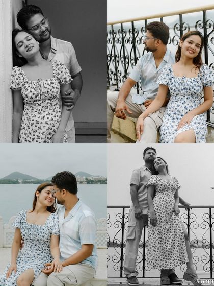 A collage of Gaurav and Pooja's pre-wedding shoot in Udaipur, capturing their sweet moments by the lake.