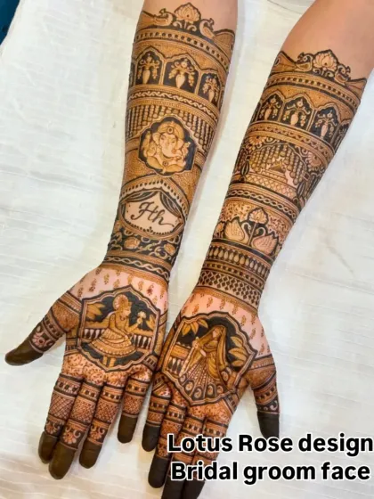 A complete bridal design featuring portraits of the bride and groom on the palms. The arms include a Ganesh figure for blessings and lotus motifs, combining personalization with tradition.
