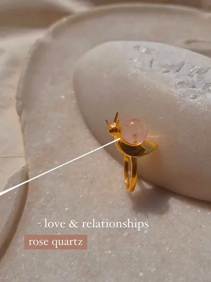 My 'snáil' ring in rose quartz, a stone for love and relationships. This whimsical piece is designed to bring loving vibrations and help with attraction and connection.