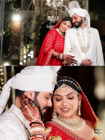 Two portraits capturing the tender moments after the wedding ceremony, showcasing the couple's gentle embrace and loving connection.