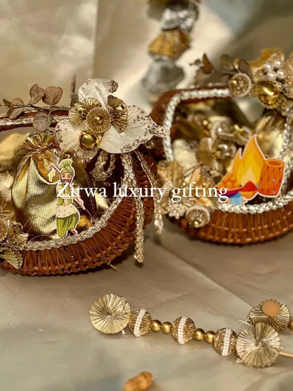 Lohri celebrations are incomplete without thoughtful return favours. These golden-themed baskets with traditional motifs are the perfect way to thank your guests.