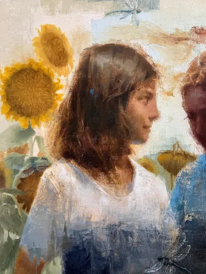 A detail of "Choice of Living" showing the girl on the left, looking towards her companion.