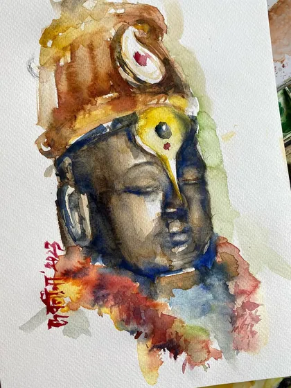 A watercolor sketch of Lord Vithal, capturing a moment of serene divinity. This was a quick study done in my sketchbook, exploring the textures of stone sculpture through paint.