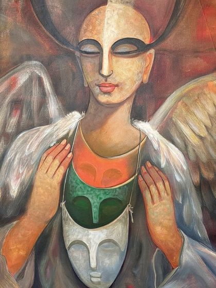 Titled 'FERIWALA', this 30x40 inch acrylic on canvas painting shows an angelic figure holding masks, exploring themes of identity.