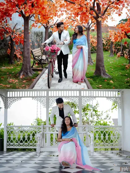 A fairytale setting for a fairytale romance. This collage shows the couple enjoying a romantic walk with a bicycle and a serene moment on a swing, showcasing the versatility of a themed pre-wedding location.