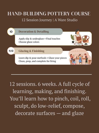 A graphic showing the final sessions of our hand building course, focusing on decoration, detailing, and the complete glazing and finishing process.