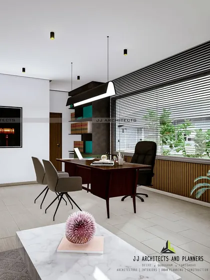 A design concept for a home office integrated within a residential duplex. This version features a lighter, more open feel with natural wood tones and a large window for ample daylight.
