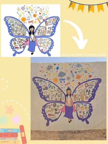 The digital design and final painted version of a butterfly girl mural, showcasing the process from concept to execution.
