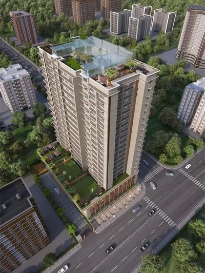 An aerial rendering of a residential tower showcasing extensive green spaces. We integrated a large podium-level garden and a glass-enclosed rooftop lounge to provide residents with natural retreats within the city.