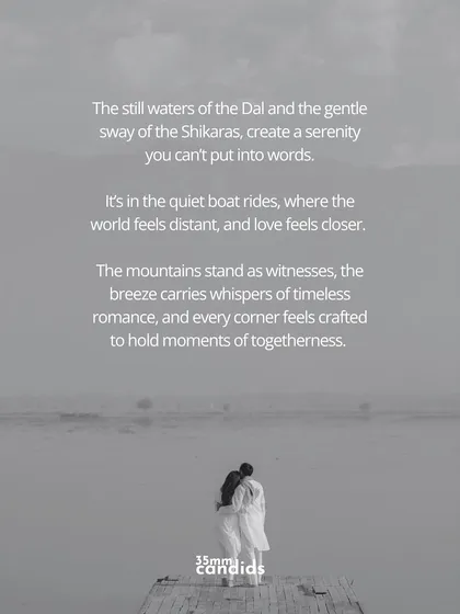 A poetic reflection on the serenity of Kashmir, overlaid on a photo of the couple embracing on a pier. The words and image work together to create a deeply romantic mood.