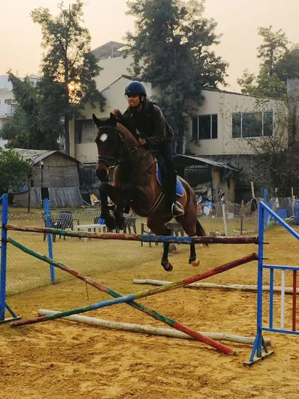Practice makes perfect. Here, one of our dedicated riders, Reya, trains with her horse Bunting in our sand arena. Our training focuses on building a strong connection and trust between horse and rider to clear any obstacle.