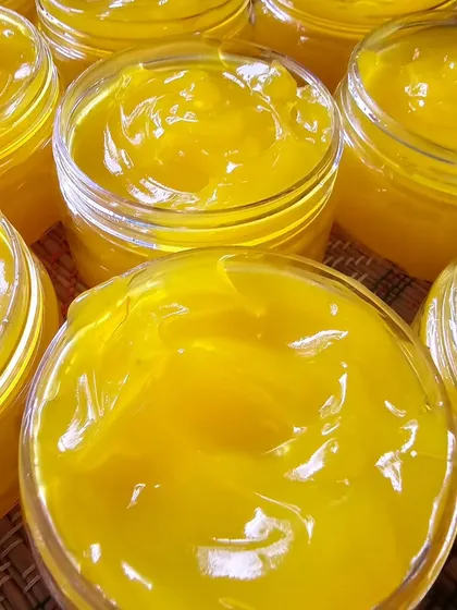 This is my Saffron Day Gel, handmade for those with oily skin. It helps to brighten your skin, making it smooth and glowing while also working on acne marks and pigmentation. The texture is so light and fresh.