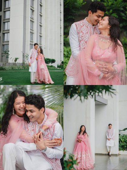 A collage of romantic and playful moments from the couple's Roka photoshoot, capturing their love and laughter.