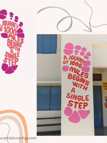 An inspirational quote, "A journey of 1000 miles begins with a single step," cleverly designed into the shape of a footprint.