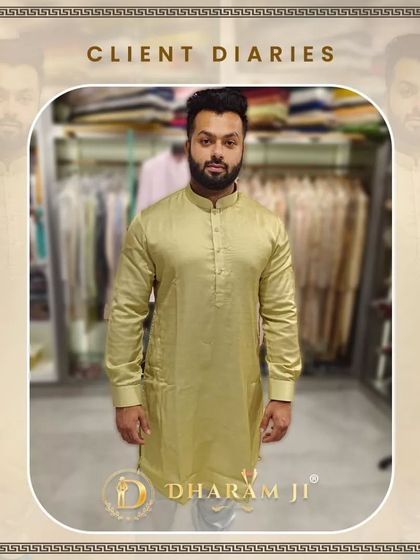 A client looking comfortable and stylish in a simple yet elegant golden-beige silk kurta. This is a versatile piece, perfect for a puja, family dinner, or a festive celebration.