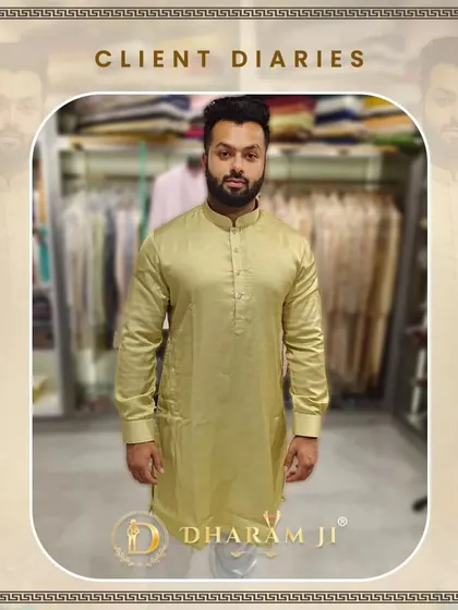 A client looking comfortable and stylish in a simple yet elegant golden-beige silk kurta. This is a versatile piece, perfect for a puja, family dinner, or a festive celebration.