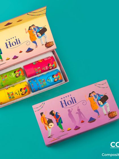 This compact Holi hamper is perfect for corporate gifting. It contains four units of composite gulal in a brightly illustrated box, making it easy to spread the colors of the festival.