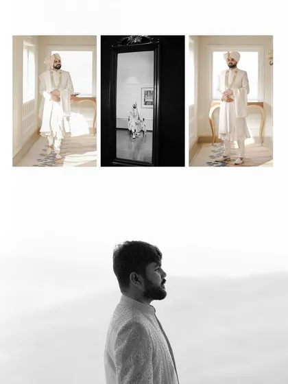 A collage of artistic portraits of the groom, featuring both indoor shots and a dramatic black-and-white profile against the sky.