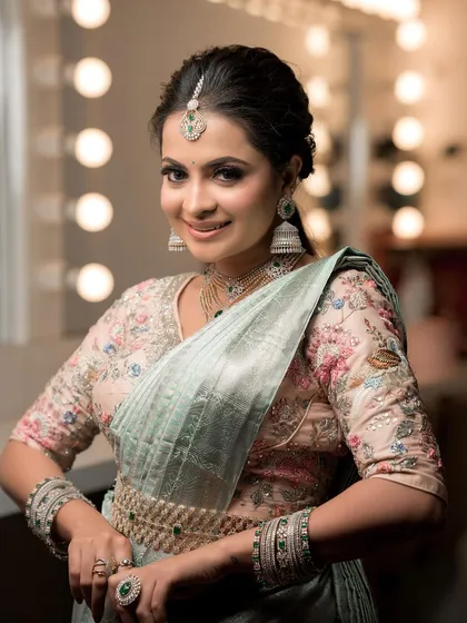 For receptions or modern events, I offer stunning American Diamond sets like this one. This multi-layered necklace, paired with a delicate maang tikka and matching jhumkas, provides exceptional sparkle and is designed to complement contemporary sarees and gowns beautifully.