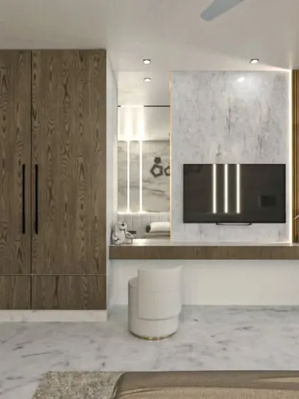 This render shows the integrated wardrobe and study desk, demonstrating a seamless and functional design.