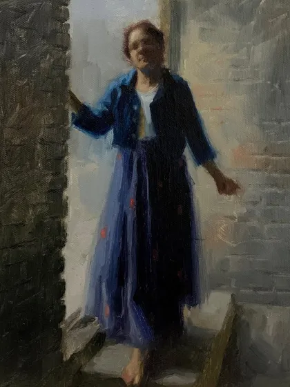 A full-figure oil sketch of a woman in a blue dress. This was a rapid study of form, light, and posture.