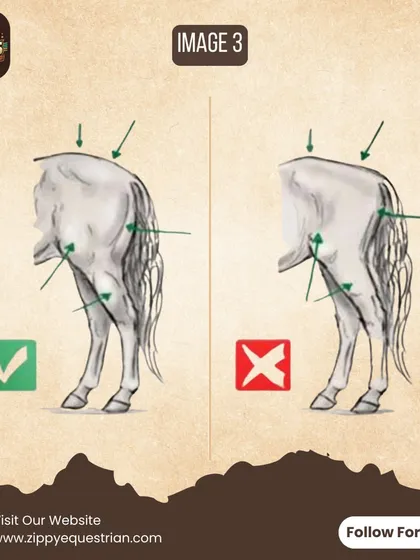 The hindquarters are the engine of the horse. This illustration shows the contrast between well-developed hindquarter muscles and poor muscling, which directly impacts a horse's power and ability to engage.
