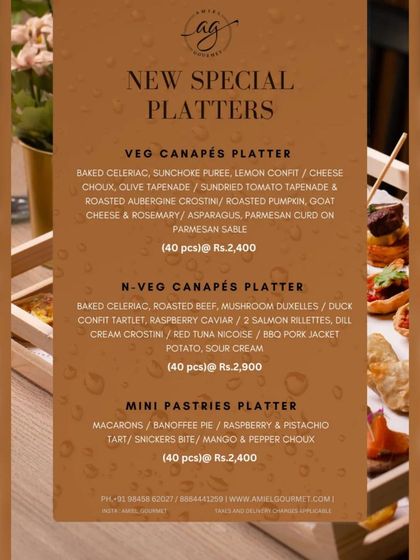 Unveil our new special platters. This menu details our Veg Canapés Platter, Non-Veg Canapés Platter, and Mini Pastries Platter, all available for pre-order.