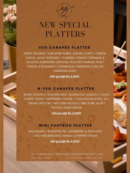 Unveil our new special platters. This menu details our Veg Canapés Platter, Non-Veg Canapés Platter, and Mini Pastries Platter, all available for pre-order.