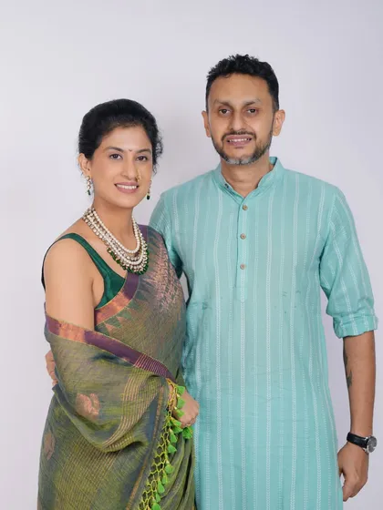 A classic and elegant studio portrait of a couple. These sessions are perfect for capturing timeless images for anniversaries or family albums.
